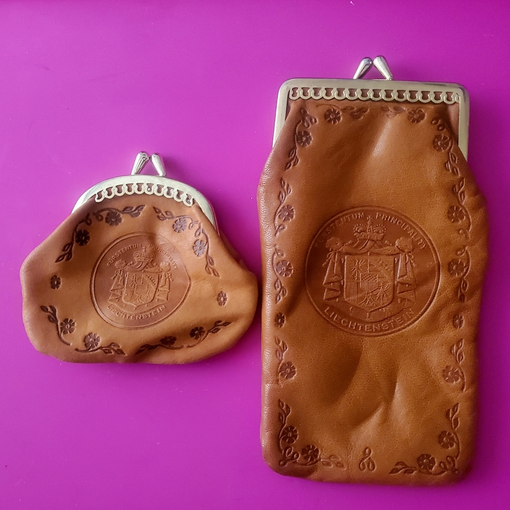 Furstentum Liechtenstein coin purse wallet set tan floral leather vintage